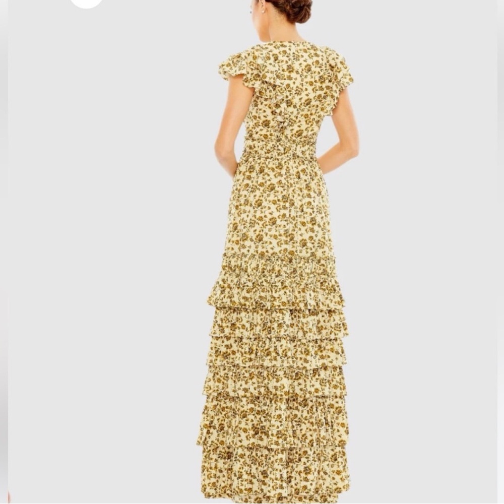 Mac Duggal Yellow Floral Ruffled Tiered Maxi Dress